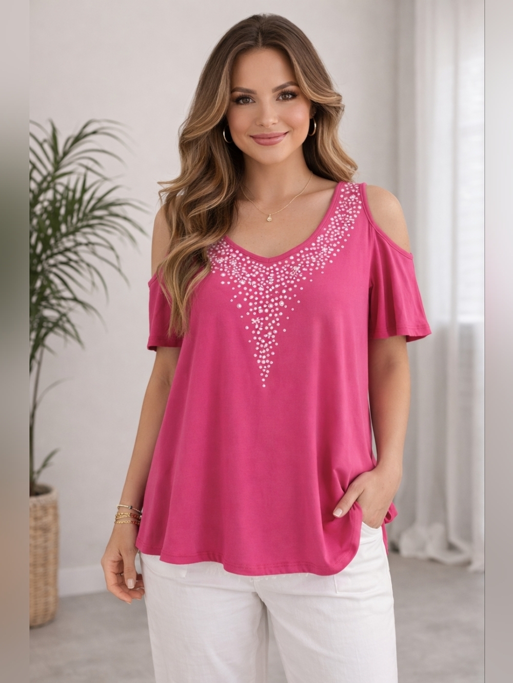 Pink Cold Shoulder Rhinestone Embellished Top Flowy Blouse